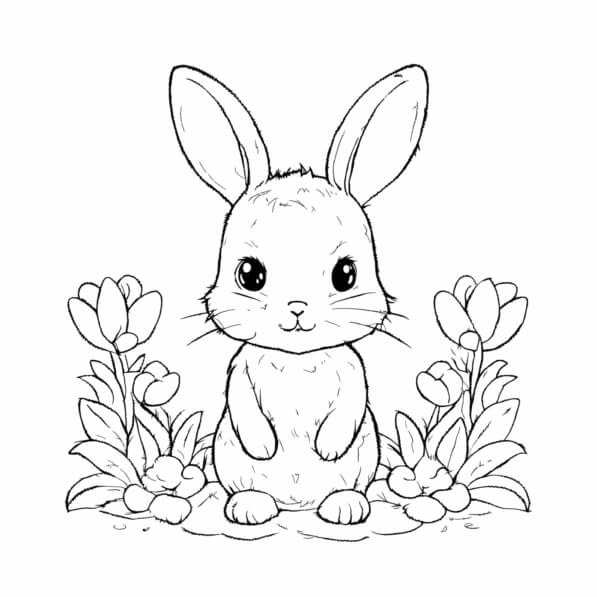 Download Cute Bunny Surrounded by Flowers Coloring pages Online - Creative Fabrica