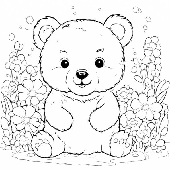 Download Cute Cartoon Bear in Flower Garden Coloring pages Online ...
