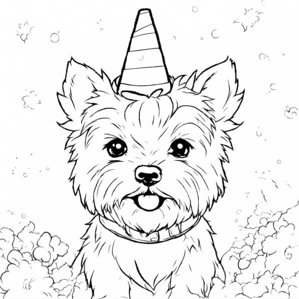 Download Happy Dog in Party Hat Coloring pages Online - Creative Fabrica