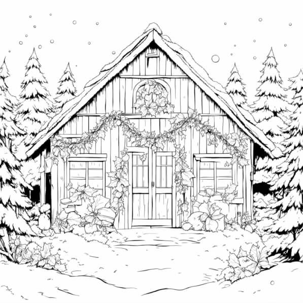 Download Cozy Winter Cabin with Holly Decorations Coloring pages Online ...