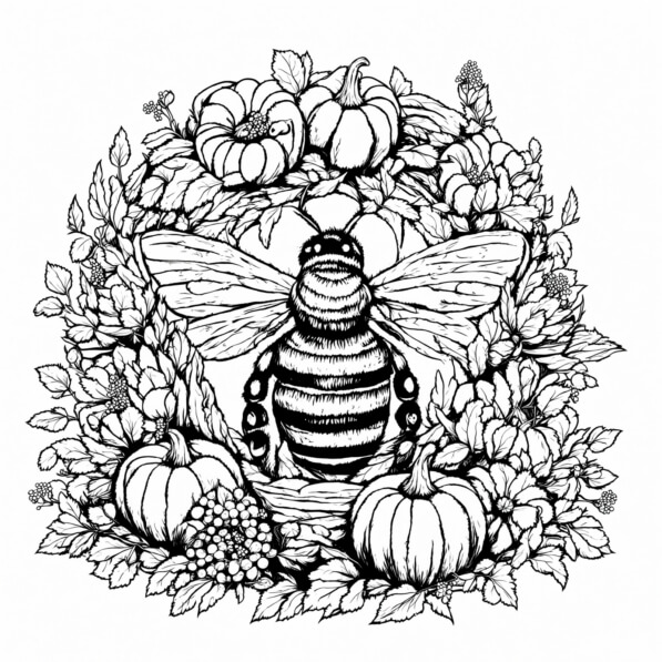 Download Bee Surrounded by Flowers and Pumpkins Coloring pages Online ...