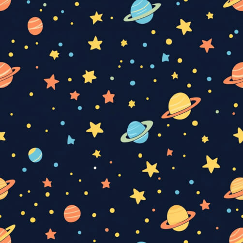 Motivo spaziale colorato con pianeti e stelle thumbnail