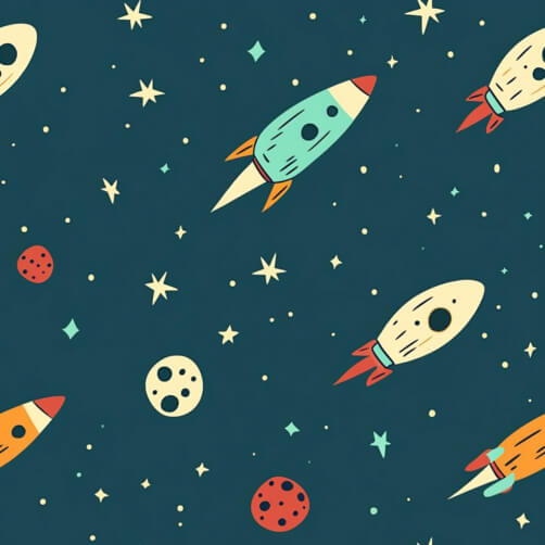 Motivo Spaziale Colorato con Razzi e Corpi Celesti thumbnail
