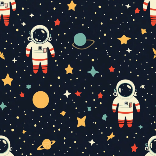 Motivo spaziale giocoso con astronauti e corpi celesti thumbnail