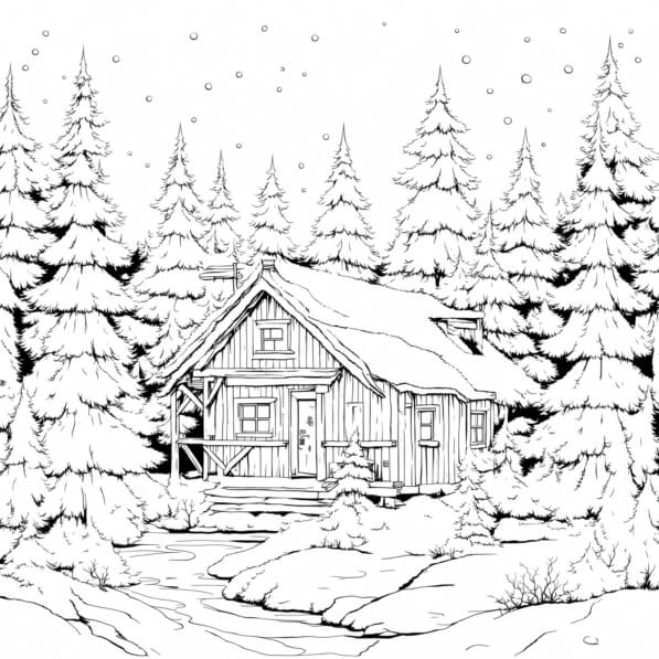 Download Winter Cabin in a Snowy Landscape Coloring pages Online ...
