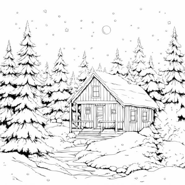 Download Cozy cabin in snowy landscape Coloring pages Online - Creative ...