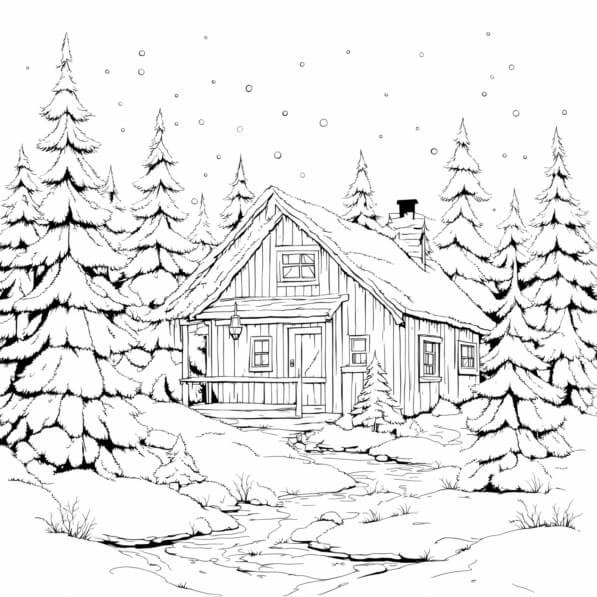Download Cozy cabin in a snowy landscape Coloring pages Online ...