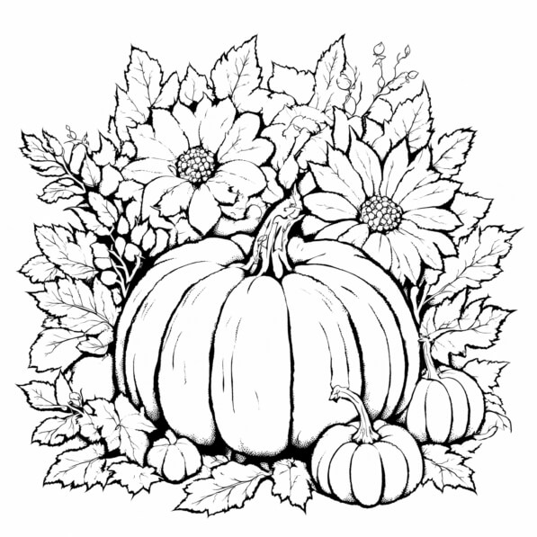 Download Autumn Pumpkin with Flowers and Leaves Coloring pages Online ...