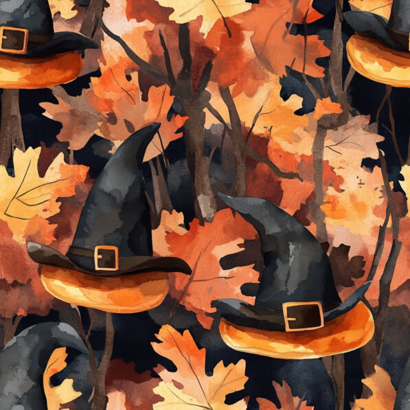 Download Whimsical Halloween Pattern with Witch Hats and Autumn Leaves ...