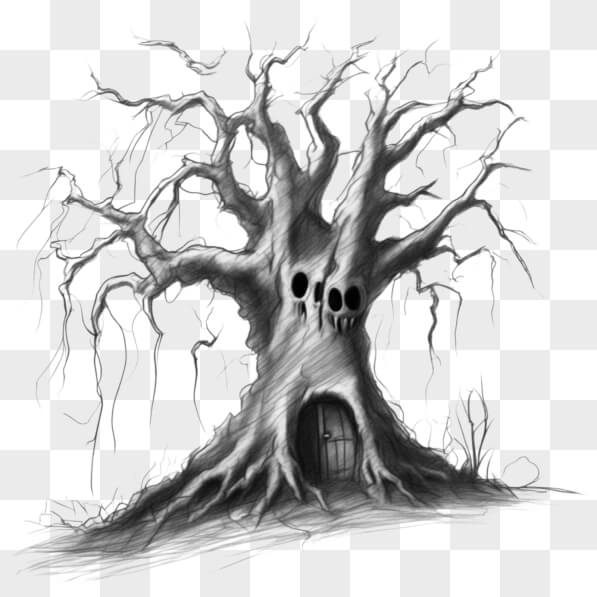 Download Whimsical Tree with Eerie Faces Sketches Online - Creative Fabrica