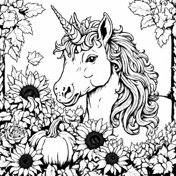 Download Unicorn Surrounded by Flowers and Pumpkin Coloring pages ...