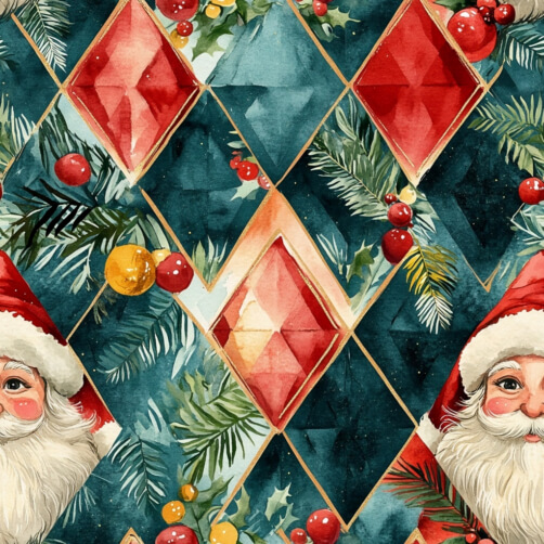 Festive Holiday Pattern with Santa Claus and Ornaments thumbnail