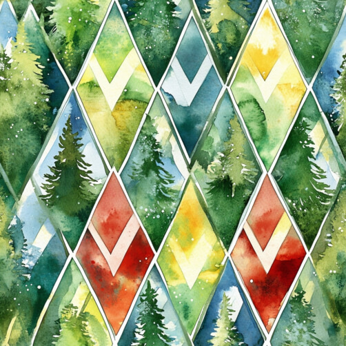 Vibrant Watercolor Geometric Pattern with Forest Scenes thumbnail