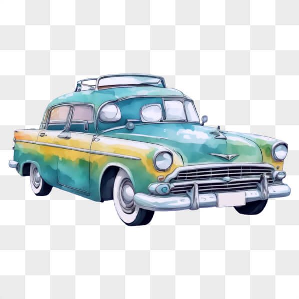 Download Vintage Car with Turquoise and Yellow Paint Cartoons Online