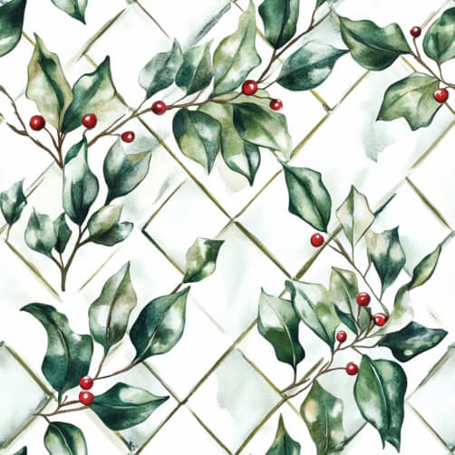Watercolor Pattern of Green Leaves and Red Berries thumbnail