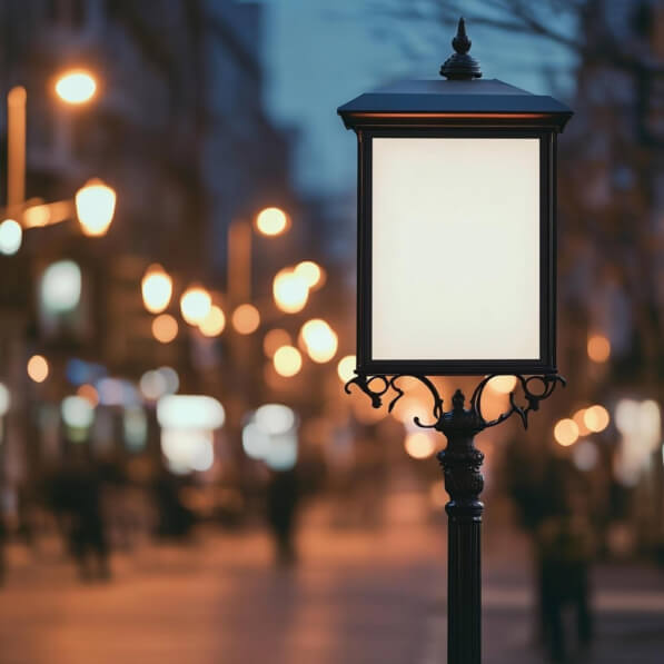 Download Vintage Street Lamp in Urban Setting at Dusk Mockups Online
