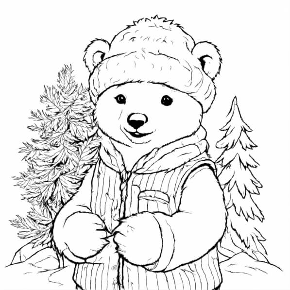 Download Cartoon Bear in Winter Attire Coloring pages Online Creative