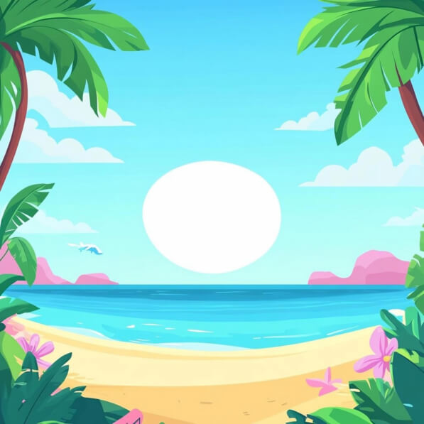 Download Tropical Beach Scene with Palm Trees and Colorful Flowers ...