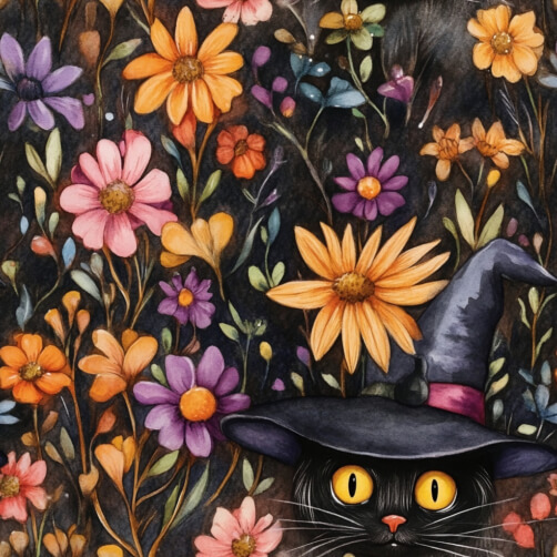 Whimsical Black Cat Among Colorful Flowers Whimsical Black Cat Among Colorful Flowers thumbnail
