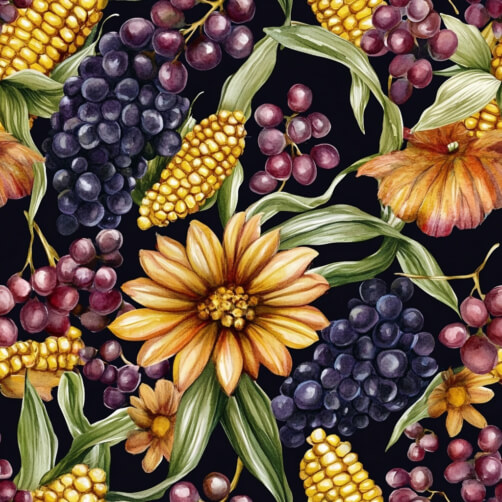 Floral and Agricultural Pattern with Grapes and Corn Floral and Agricultural Pattern with Grapes and Corn thumbnail