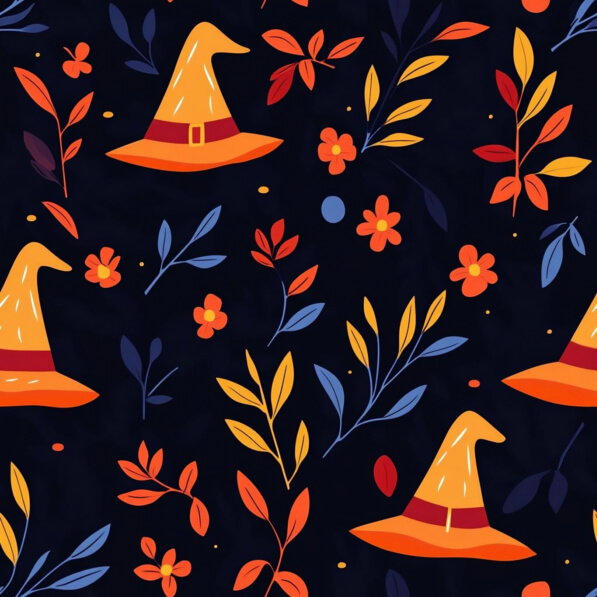 Download Whimsical Halloween Pattern with Witch Hats and Leaves ...