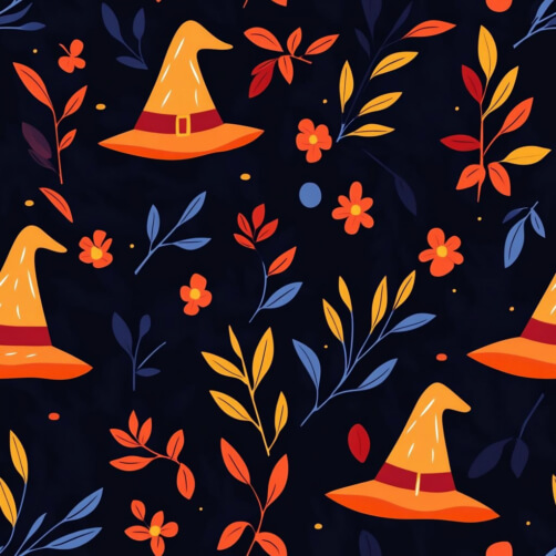 Whimsical Halloween Pattern with Witch Hats and Leaves Whimsical Halloween Pattern with Witch Hats and Leaves thumbnail