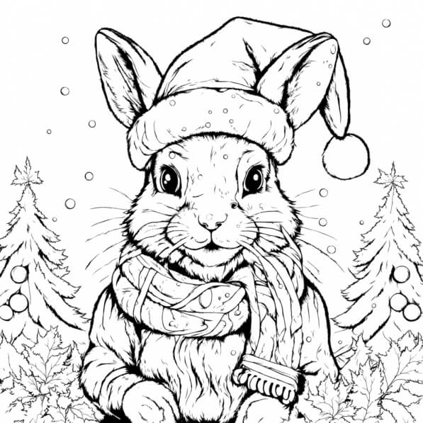 Download Christmas Rabbit with Santa Hat and Scarf Coloring pages ...