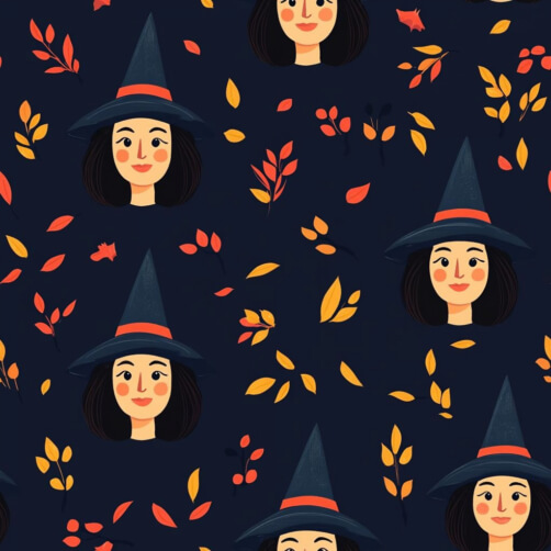 Whimsical Halloween Pattern with Witches and Autumn Leaves Whimsical Halloween Pattern with Witches and Autumn Leaves thumbnail