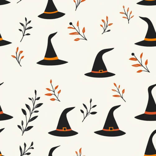 Whimsical Halloween Pattern of Witch Hats and Foliage Whimsical Halloween Pattern of Witch Hats and Foliage thumbnail