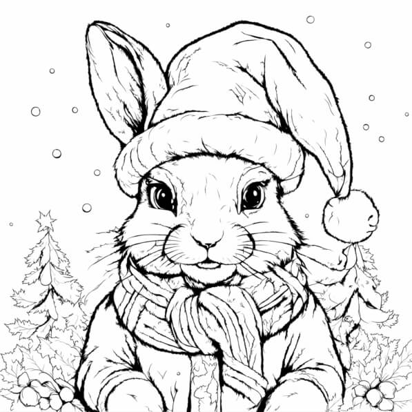 Download Festive Rabbit in Santa Hat Coloring pages Online - Creative Fabrica