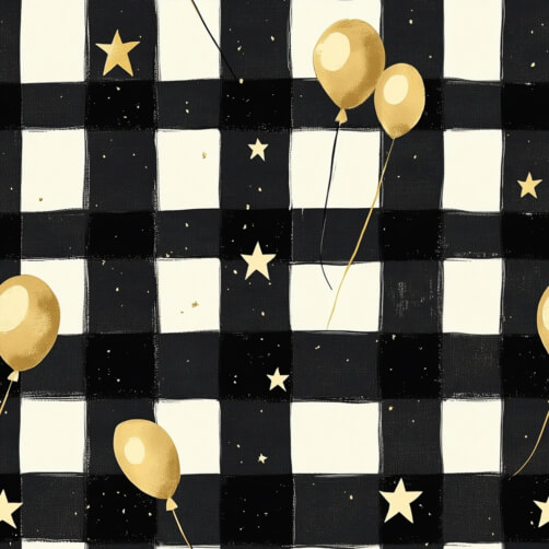 Festive Black and White Checkered Pattern with Gold Balloons and Stars Festive Black and White Checkered Pattern with Gold Balloons and Stars thumbnail