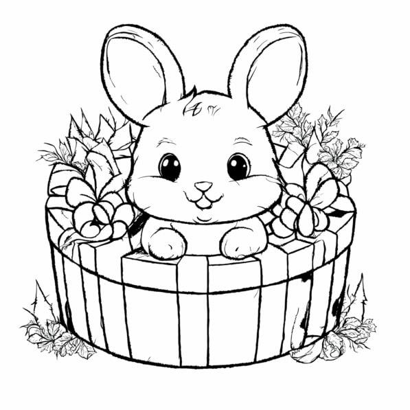 Download Cute Bunny in a Gift Box with Flowers Coloring pages Online ...