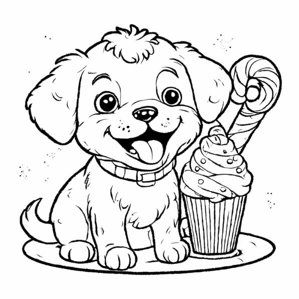 Download Cheerful Puppy with Cupcake and Lollipop Coloring pages Online