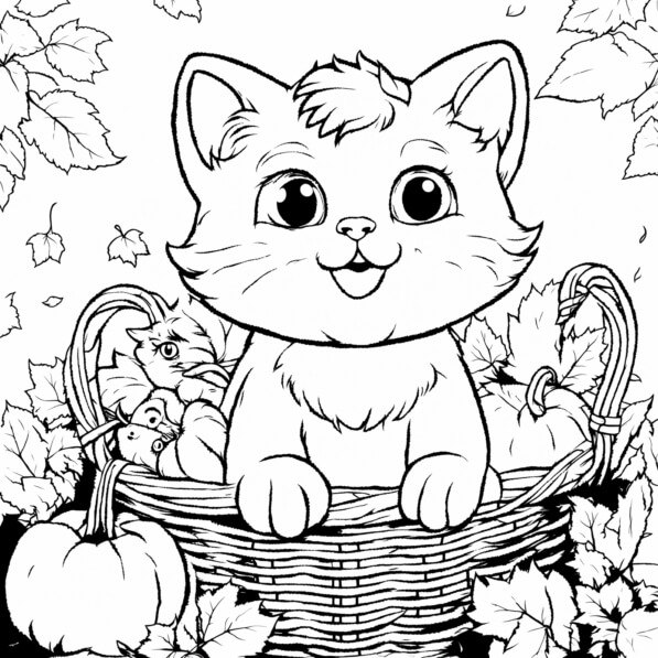 Download Cute Cartoon Kitten in Autumn Basket Coloring pages Online ...
