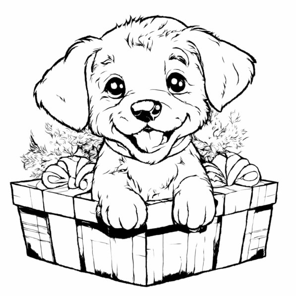 Download Happy Puppy in a Gift Box Coloring pages Online - Creative Fabrica