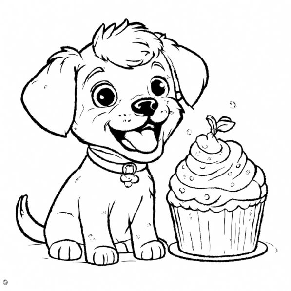 Download Happy Puppy with Cupcake Coloring pages Online - Creative Fabrica