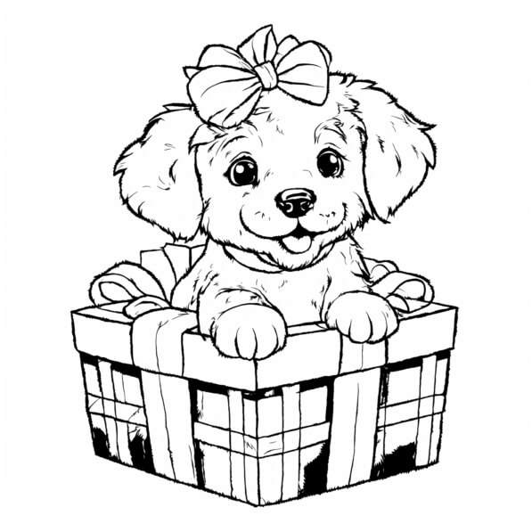 Download Cute Puppy in a Gift Box Coloring pages Online - Creative Fabrica