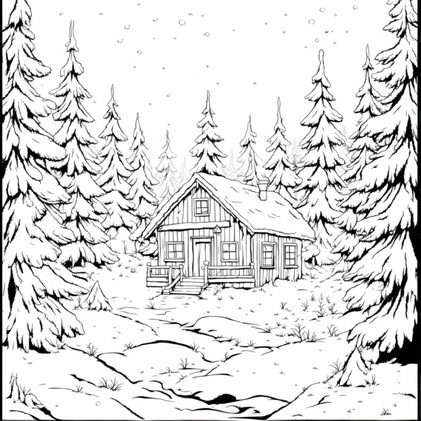 Download Cozy Winter Cabin Surrounded by Snowy Pines Coloring pages ...
