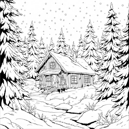 Download Snowy Winter Landscape with Evergreens Coloring pages Online ...