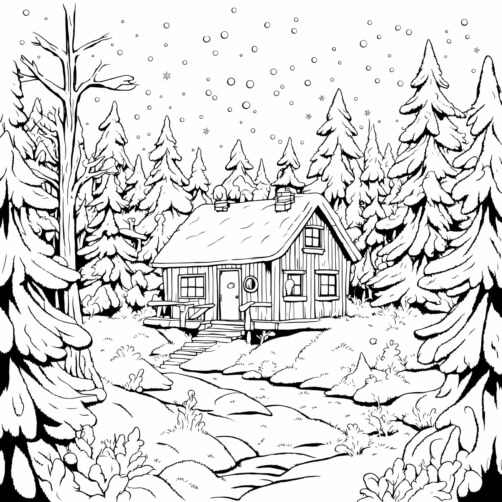 Download Winter Cabin in a Snowy Forest Coloring pages Online ...