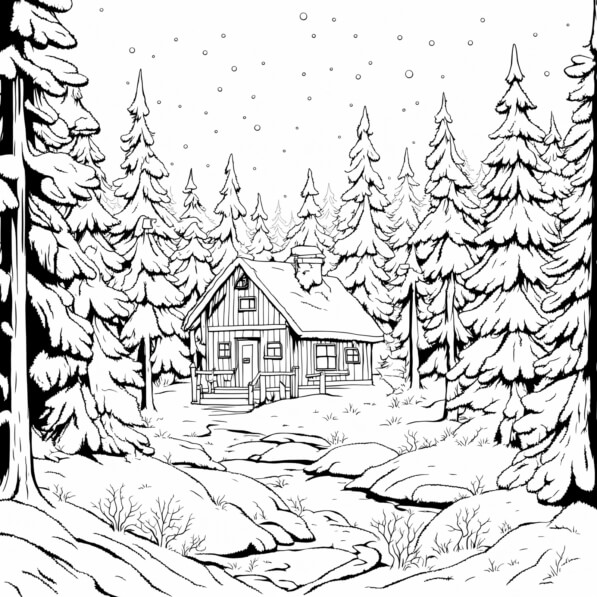 Download Winter Cabin Surrounded by Snowy Trees Coloring pages Online ...