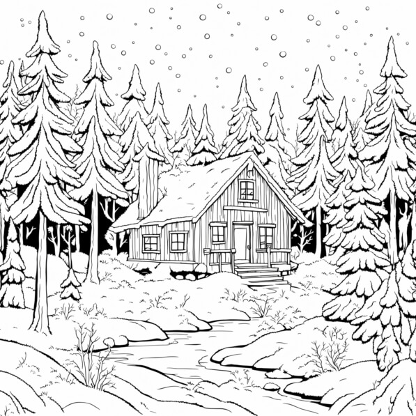 Download Cozy Winter Cabin in the Woods Coloring pages Online ...