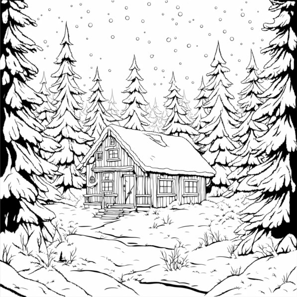 Download Snowy Cabin in Winter Landscape Coloring pages Online ...