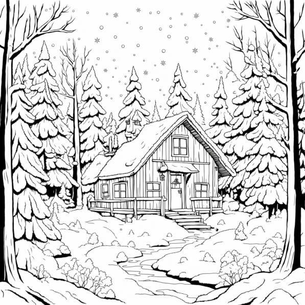 Download Winter Cabin in Snowy Landscape Coloring pages Online ...