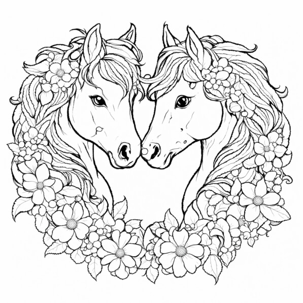 Download Heart-Shaped Horse Illustration with Floral Design Coloring ...