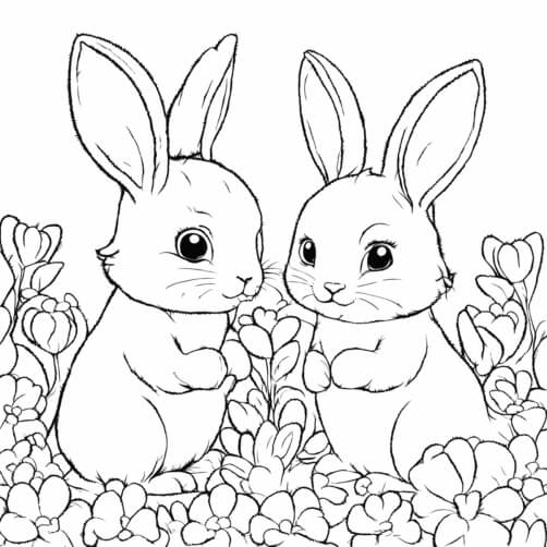 Template Coluring Rabbit With Flowers Download Cute Cartoon Rabbits Surrounded by Flowers Coloring pages ...