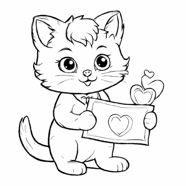Download Playful Cartoon Cat Holding a Heart Frame Coloring pages ...