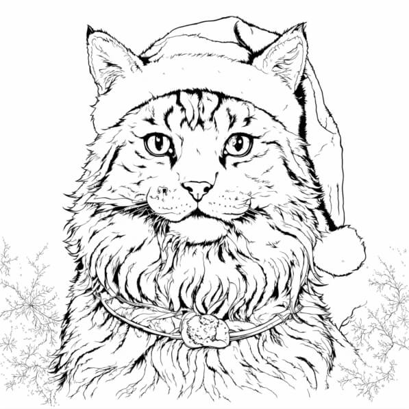 Download Festive Cat with Santa Hat Coloring pages Online - Creative Fabrica