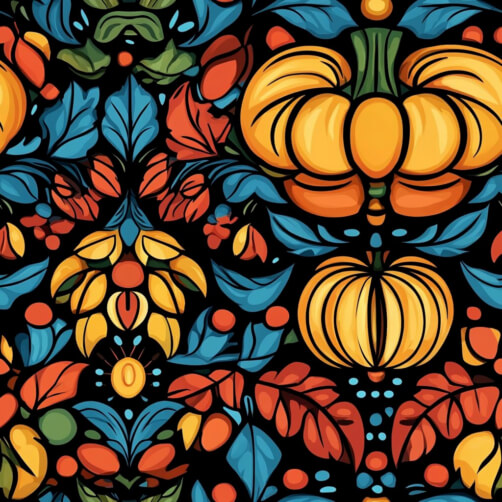 Lebhaftes Blumenmuster mit Kürbissen Lebhaftes Blumenmuster mit Kürbissen thumbnail