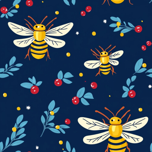 Playful Bee Pattern with Berries on Dark Blue Background Playful Bee Pattern with Berries on Dark Blue Background thumbnail